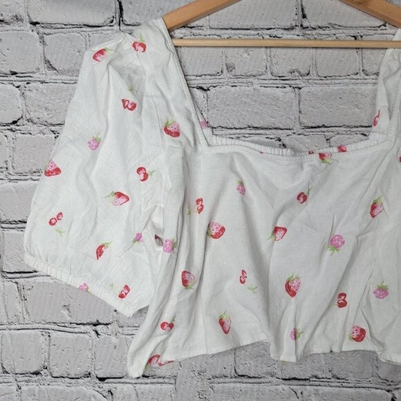 Bp Puff Sleeve Crop Top In White Brilliant Tossed Berries Linen NWT Size 3X - Picture 2 of 11